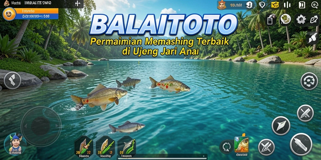 Tampilan gameplay BALAITOTO saat menangkap ikan di danau.