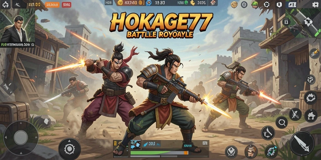 Screenshot HOKAGE77 menampilkan intense gameplay Battle Royale.
