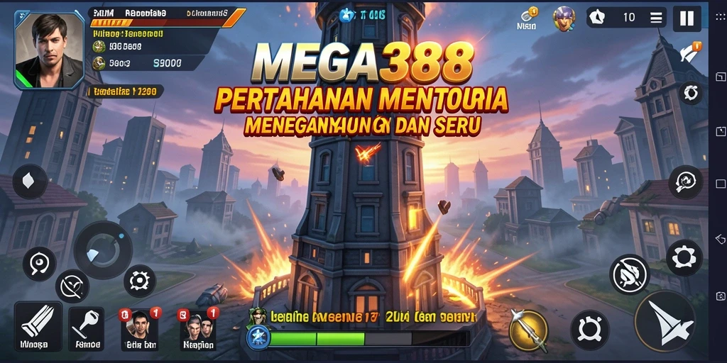 Tampilan gameplay MEGA388 yang menegangkan dalam pertempuran Tower Defense.