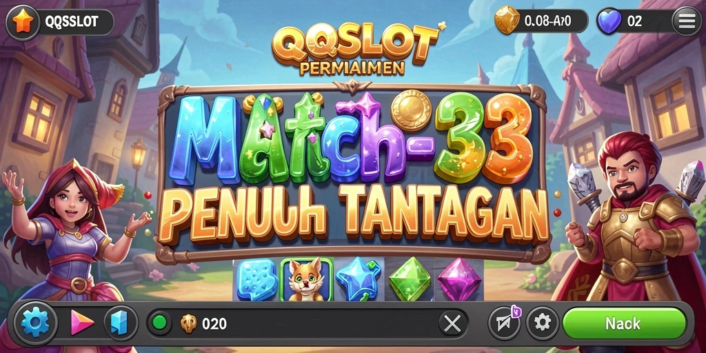 Tampilan gameplay <strong>QQSLOT</strong> dengan permata berwarna-warni yang menantang.