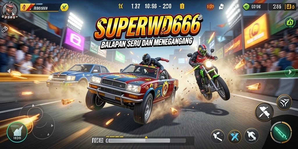Gambaran gameplay balapan yang mendebarkan dan seru di SUPERWD666.
